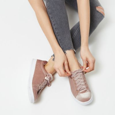 Blush pink velvet lace up trainers